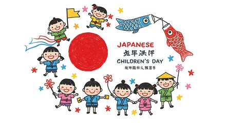 Fototapeta premium Festive Japanese Children's Day Illustration: Smiling Kids Celebrate with Koinobori, Joyful Hand-drawn Style, Vivid Colors on White, Culture and Traditions