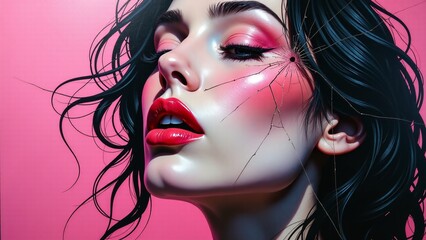 Woman With Cracked Face, Pink Background