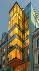 Modern glass building illuminated at dusk with warm orange light reflecting off its structure in an urban setting