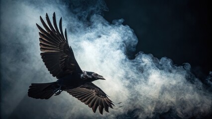Fototapeta premium A black raven soars through dark, smoky clouds with its wings spread wide, creating a mysterious and dramatic scene.