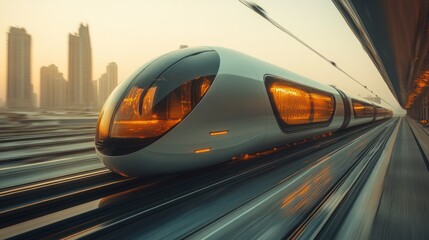 Fototapeta premium A modern high-speed train moves on tracks with a city skyline backdrop.