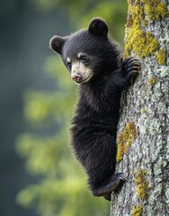 Obraz premium Adorable baby bear climbing tree in vibrant forest background, showcasing playful behavior and nurturing wildlife environment in serene nature scene