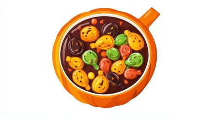 Pumpkin cup filled with assorted Halloween candy, flat design, top view, vibrant hues, isolated on white background.