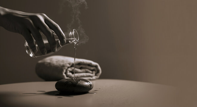 Hand pouring essential oil onto smooth hot stone with rising steam on neutral background. Aromatic therapy. Spa. Wellness, massage services, aromatherapy, relaxation retreats, stress management