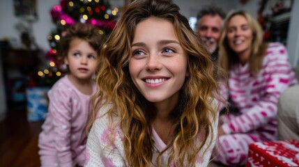 Family celebrating Christmas in cozy pajamas with decorated tree in living room, holiday gift exchange