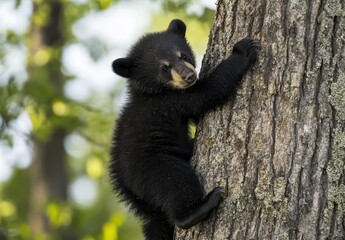 Adorable Black Bear Cub Climbing Tree in Lush Green Forest Surrounded by Nature, Capturing the Spirit of Wild Animals and Their Habitat