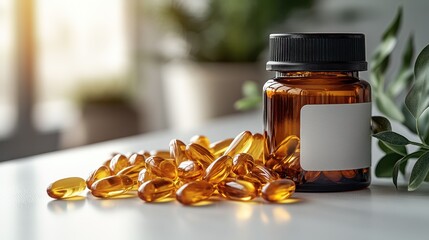 Amber bottle with pills spilled on a white surface near a green plant.