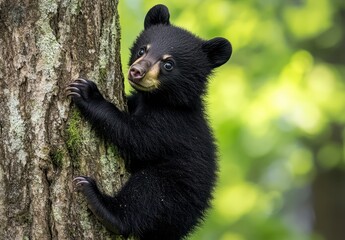 Obraz premium Adorable black bear cub climbing tree, showcasing playful nature and vibrant green forest background, perfect for wildlife enthusiasts or nature lovers