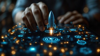 Hand places rocket on a digital interface with glowing lights and circuits.