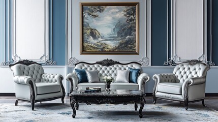 Elegant living room furniture set, classic design, blue walls, landscape painting