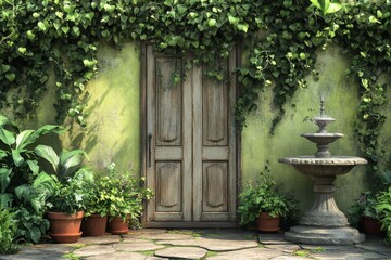 Fototapeta premium Outdoor scene, aged wooden door, lush greenery, tranquil setting.