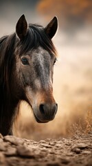 Obraz premium Majestic gray horse gazing into the distance on a calm afternoon in a golden landscape