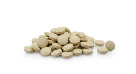 Heap of vitamin tablets or food supplements isolated on white background