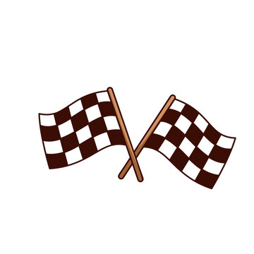 Naklejki Groovy cartoon race flags. Funny retro waving checkered flags of start and end of speed motor rally, racers car championship. Sport mascot, cartoon sticker of 70s 80s style vector illustration