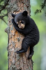 Adorable young bear cuddles a tree trunk in the forest, showcasing its playful nature and natural habitat in a serene and peaceful environment.