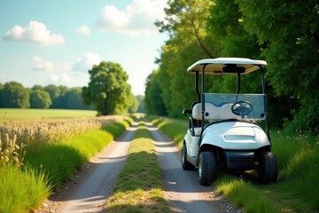 Abandoned white golf cart, beside country road , quiet, forgotten, peaceful