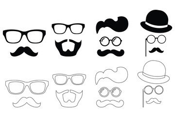 Nerd Glasses and Mustache Silhouette and Outline Black Vector Icon Collection set