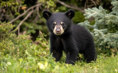 Fototapeta premium Adorable young black bear cub exploring a lush green forest background filled with vibrant foliage and soft natural light, capturing the essence of wildlife beauty