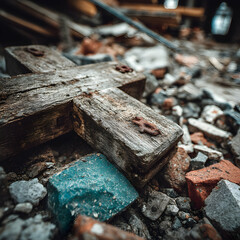 Close up of a weathered wooden cross lying among rubble and debris in a state of disrepair ruins