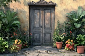 Fototapeta premium Rustic entranceway with a weathered wooden door.