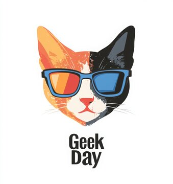geek pride day vector logo set with cat ears, glasses, fox cartoon head, and texts geek pride day, geek geeks day, geek mindset on white background