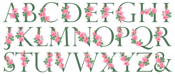 Hand painted watercolor floral alphabet - letters. The letters of the alphabet are dark green and decorated with watercolor roses. Wedding, birthday, children's party, any creative ideas. © Tishina