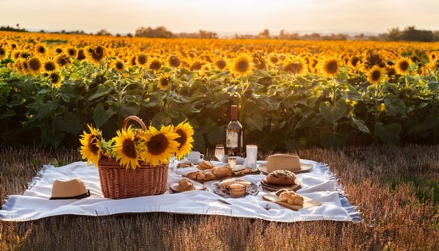 peaceful picnic in a field of sunflowers