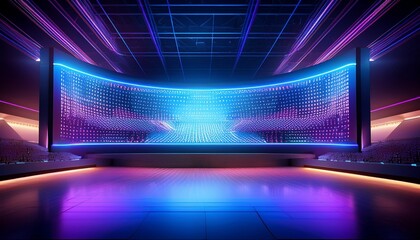 authentic concave led display for a wall or platform large tv display depicted in a illustration with neon blue and purple dot lights stadium digital scoreboard with diode lights