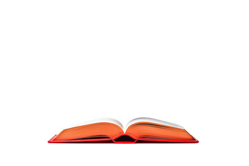 An open book with orange-edged pages is displayed, showing the center fold and pages fanned out.