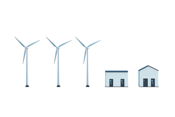Three wind turbines and two small buildings are shown side by side.