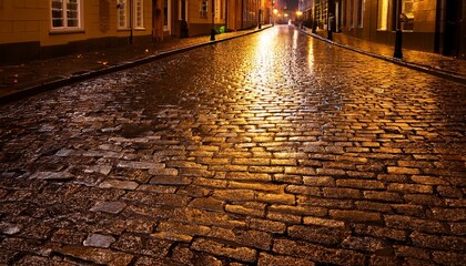 Fototapeta premium wet cobblestone street reflecting warm golden light during nighttime scene