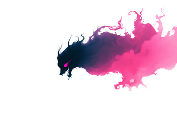 A fierce, stylized dragon with glowing eyes and a flowing, smoky pink and black body.