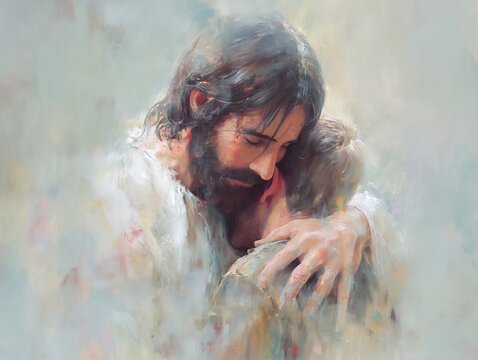 A compassionate embrace of Jesus comforting a person, showcasing a tender moment of solace and hope; concept for religious art, church posters, and faith-based designs
