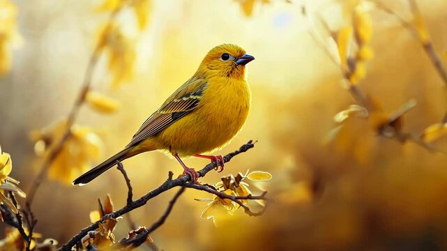 Vibrant yellow finch perched on branch among blossoming flowers in spring