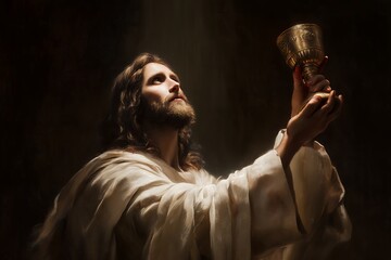 A painting of Jesus Christ holding a golden chalice, illuminated by a divine light; concept for religious art, Christian faith, Easter, and Holy Communion.