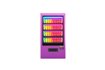 A vibrant purple vending machine filled with colorful bottled drinks arranged on multiple shelves.