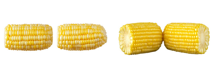 Set of a, 2 fresh yellow corn, isolated on a transparent background.