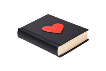 A closed black book with a red heart shape placed on its cover.