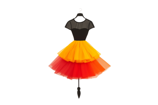 A stylish dress with a black bodice and layered yellow to red gradient tulle skirt displayed on a hanger.
