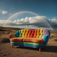 A whimsical sofa shaped like a rainbow in a cartoon landscape.