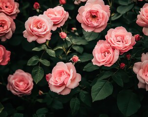 Beautiful Pink Roses in Bloom Surrounded by Lush Green Leaves Under Natural Light Capturing the Essence of Floral Beauty and Spring Vibes