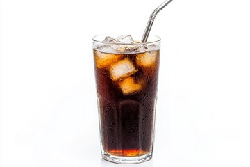 A refreshing glass of iced cola filled with ice cubes and a stainless steel straw, set against a clean white background, perfect for beverage advertisements or social media posts