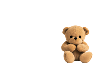 A soft, brown teddy bear with round ears and stitched features sits upright.