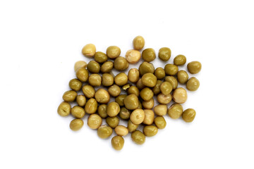 Canned green peas on white background.