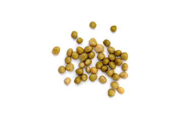 Canned green peas on white background.