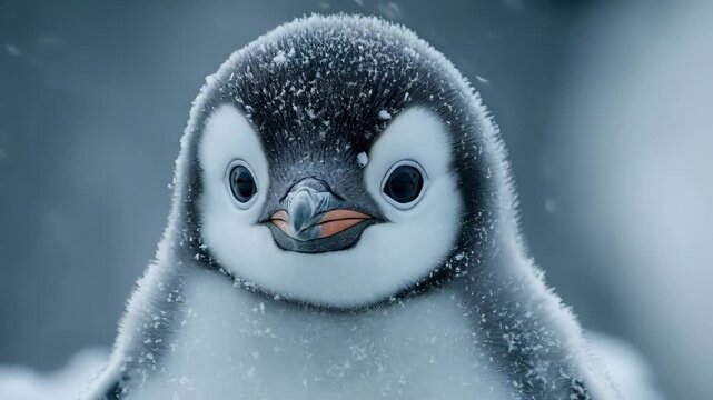 A close-up portrait of a fluffy baby emperor penguin, gazing directly at the camera with snowflakes falling gently around. The concept of animals in Antarctica