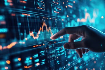 A hand interacting with a glowing screen displaying financial charts and data visualizations in blue tones