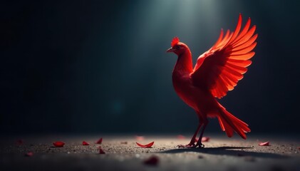 Bright red feathers adrift, lone spotlight, bare stage, empty, stage prop