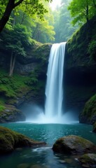 Fototapeta premium Misty waterfall plunging into dark forest pool, nature, landscape