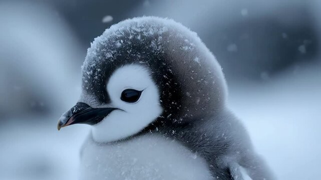 A close-up portrait of a fluffy baby emperor penguin, gazing directly at the camera with snowflakes falling gently around. The concept of animals in Antarctica
